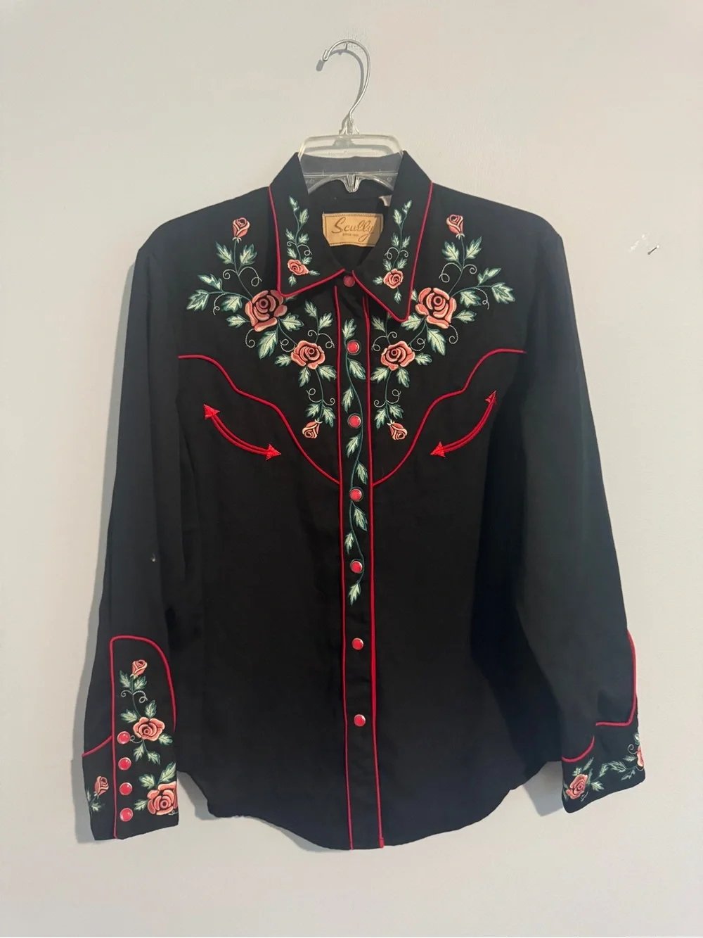 Scully Black Western Button-Down Shirt with Red Rose Embroidery- Large